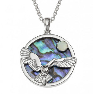 Paua Shell Barn Owl and Mother of Pearl Moon Pendant Necklace