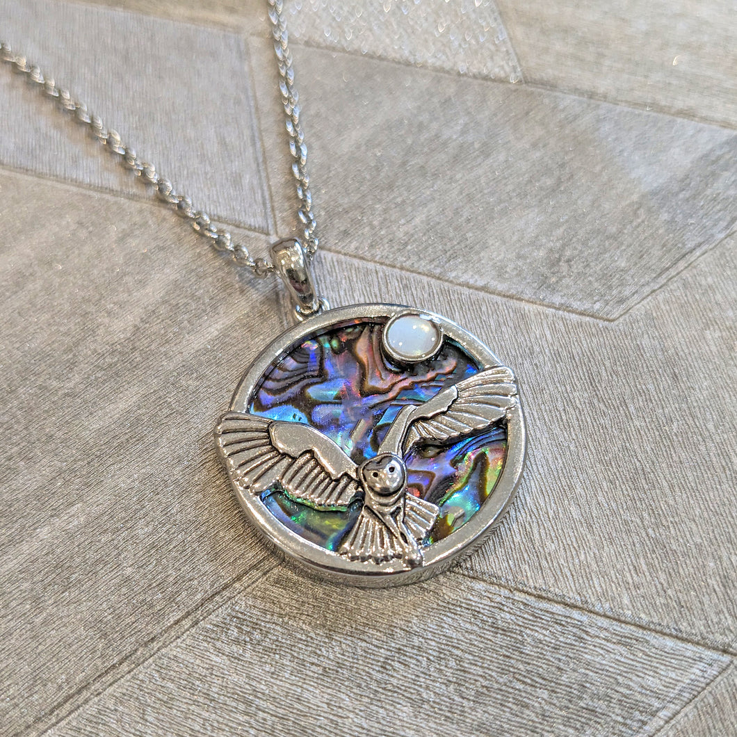 Paua Shell Barn Owl and Mother of Pearl Moon Pendant Necklace