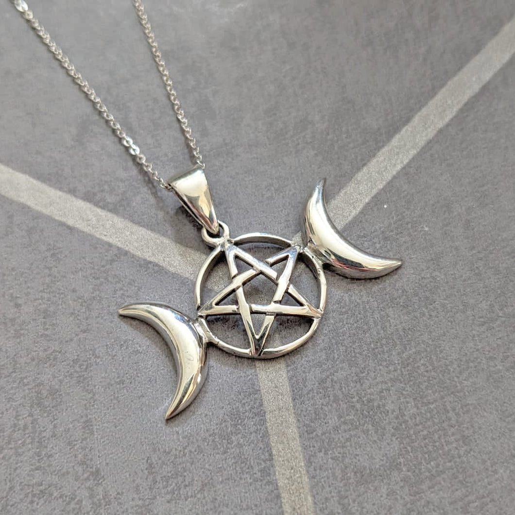 Solid 925 Sterling Silver Triple Moon Pentagram Pentacle Pendant Necklace