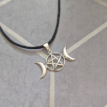 Load image into Gallery viewer, Solid 925 Sterling Silver Triple Moon Pentagram Pentacle Pendant Necklace