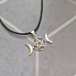 Solid 925 Sterling Silver Triple Moon Pentagram Pentacle Pendant Necklace