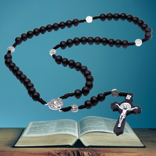 Load image into Gallery viewer, Black and Silver Hail Mary Wooden Traditional Catholic Prayer Beads
