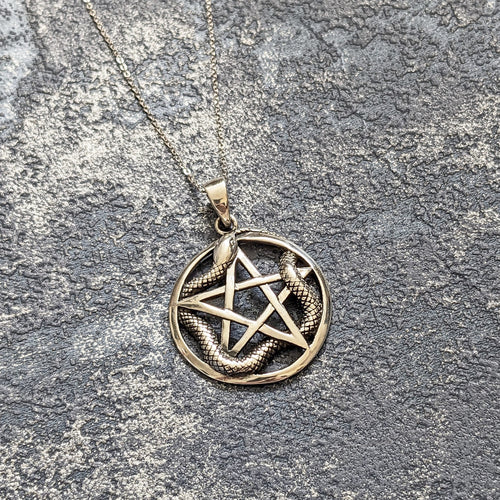 Solid 925 Sterling Silver Ouroboros Snake Pentagram Pentacle Pendant Necklace