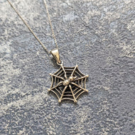 Solid 925 Sterling Silver Spider on Spiders Web Pendant Necklace