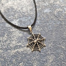 Load image into Gallery viewer, Solid 925 Sterling Silver Spider on Spiders Web Pendant Necklace