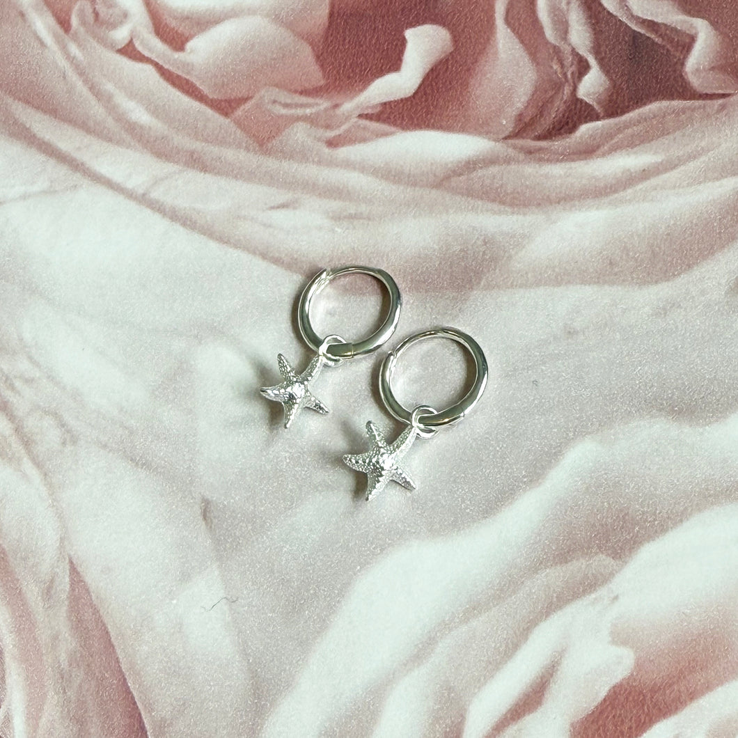 Sterling Silver Huggie Hoop Starfish Charm Earrings