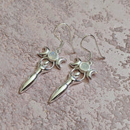 Solid 925 Sterling Silver Moonstone Triple Moon Goddess Earrings