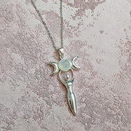 Solid 925 Sterling Silver Moonstone Triple Moon Goddess Pendant Necklace