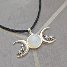 Load image into Gallery viewer, Solid 925 Sterling Silver Moonstone Triple Moon Howling Wolves Pendant Necklace