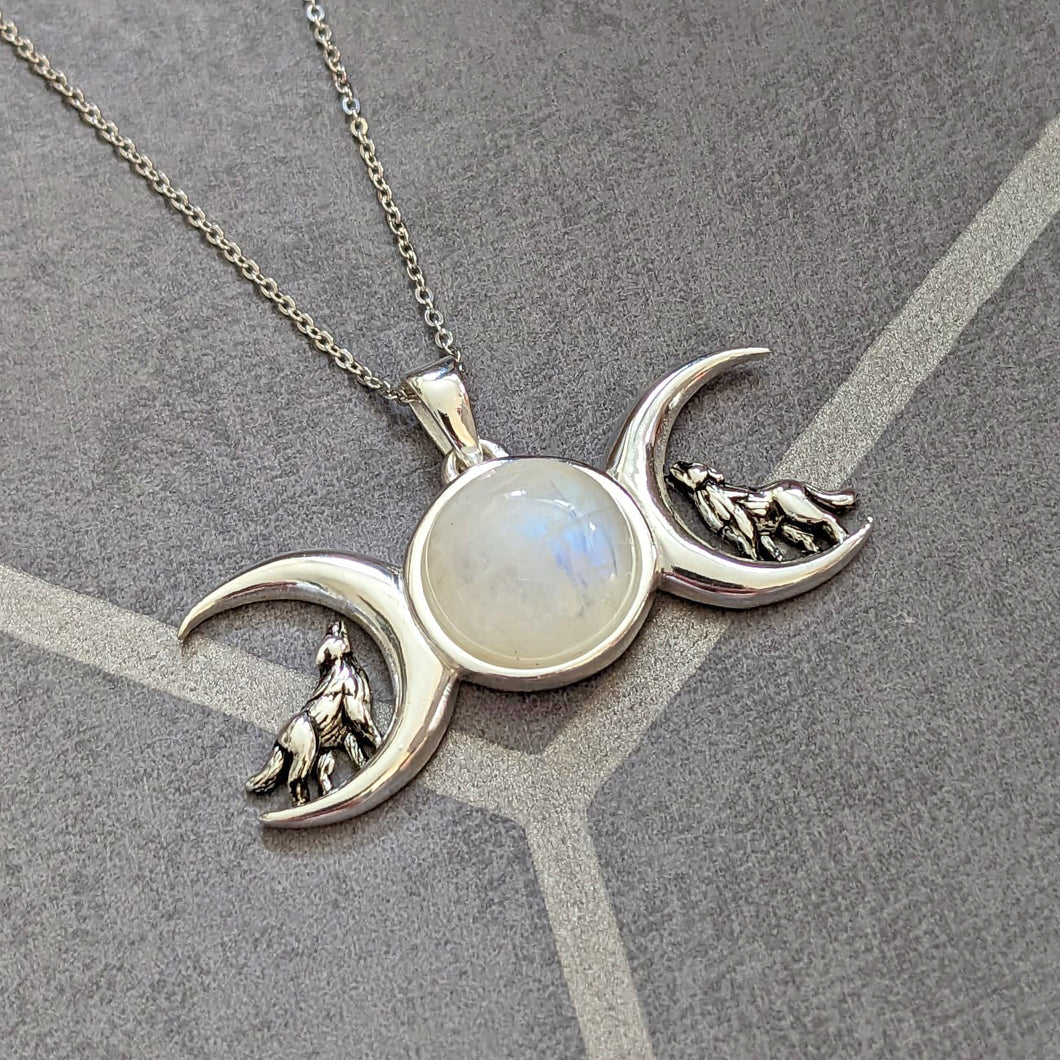 Solid 925 Sterling Silver Moonstone Triple Moon Howling Wolves Pendant Necklace