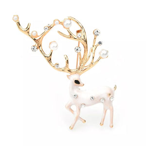 Crystal & Pearl White Reindeer Christmas Brooch