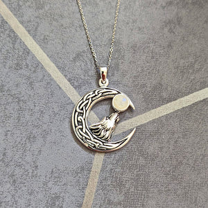 Solid 925 Sterling Silver Moonstone Howling Wolf Celtic Moon Pendant Necklace