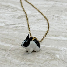Load image into Gallery viewer, Black and White Bunny Rabbit Porcelain Animal Pendant with Gold Plated Necklace