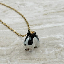Load image into Gallery viewer, Black and White Bunny Rabbit Porcelain Animal Pendant with Gold Plated Necklace