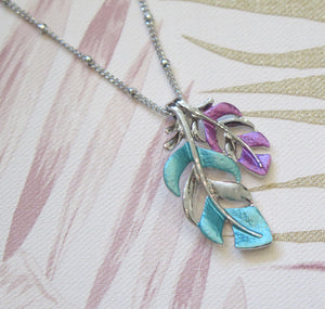 Turquoise & Purple Tropical Leaf Silver Plated Necklace