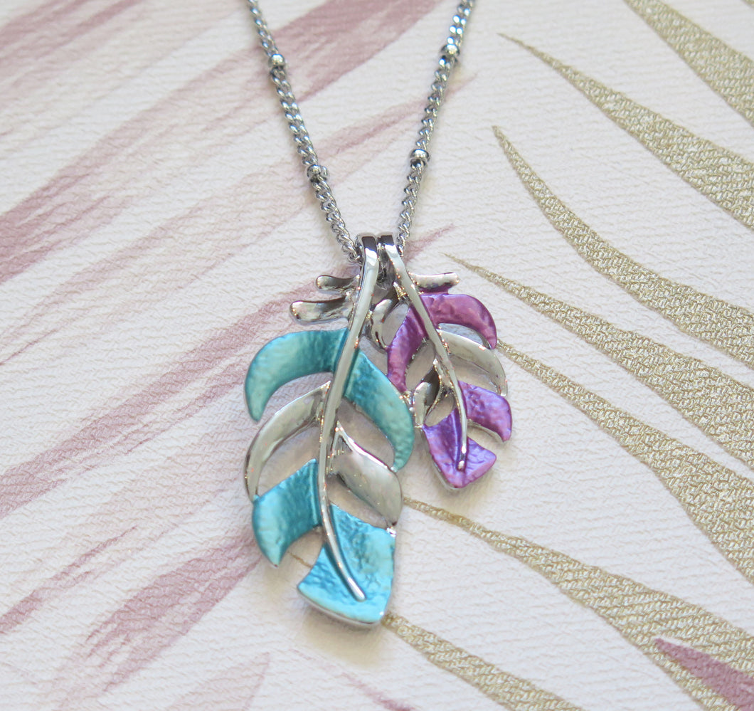 Turquoise & Purple Tropical Leaf Silver Plated Necklace