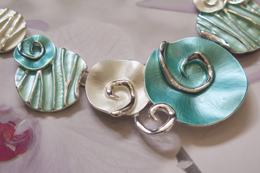 Aqua, Mint Green and Silver Beach Seashells Silver Plated Necklace