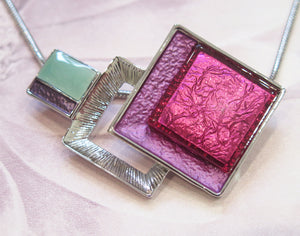 Abstract Geometric Pink Squares Silver Plated Pendant Necklace