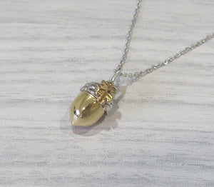 Solid 925 Sterling Silver 24k Gold Plated Lucky Acorn Pendant Necklace