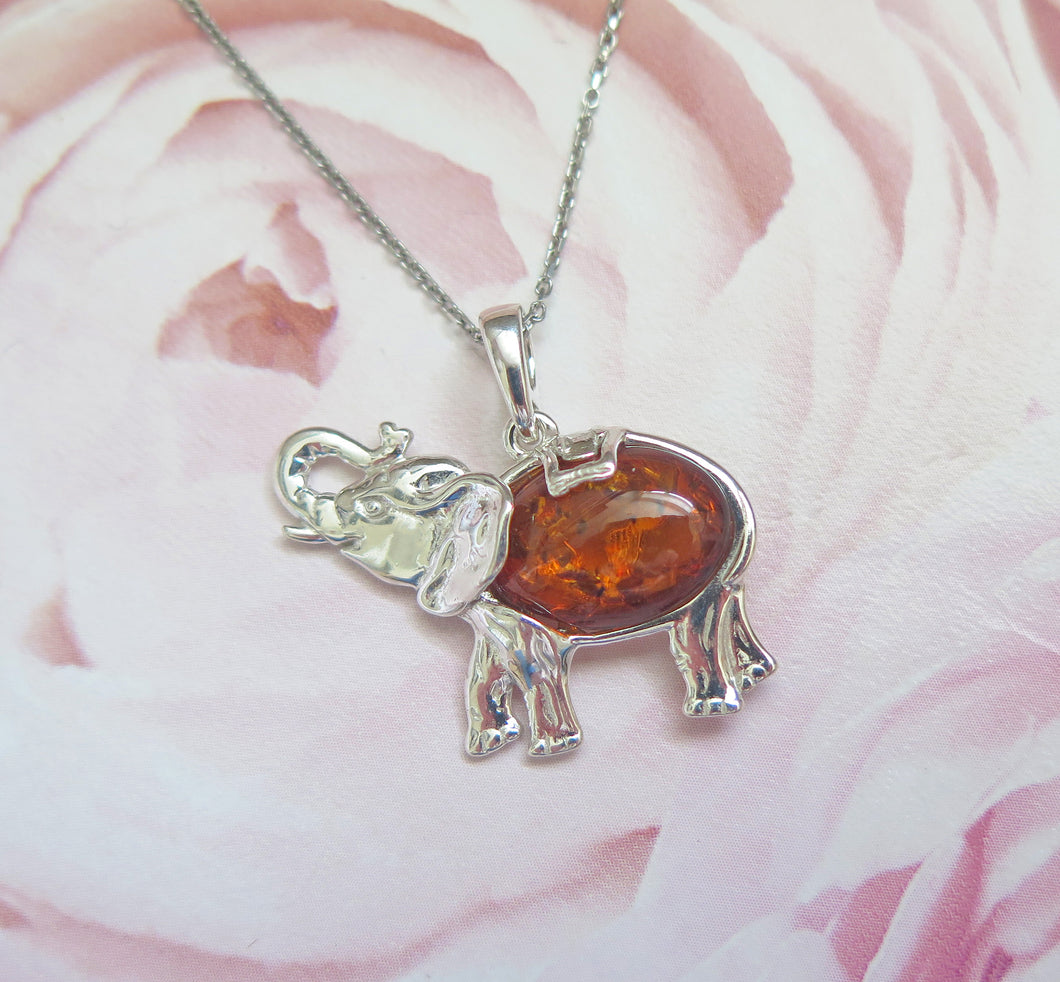 Real Amber Elephant Sterling Silver Pendant Necklace