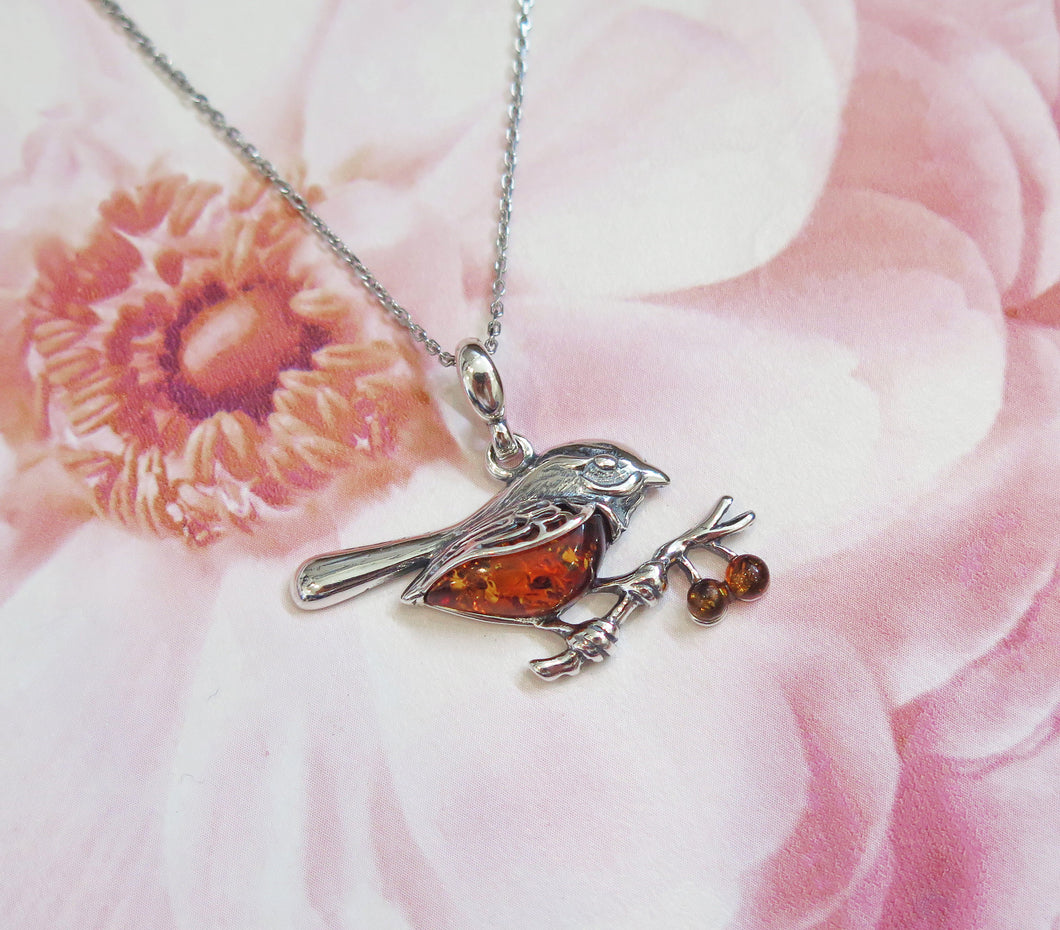Real Amber Robin Sterling Silver Pendant Necklace