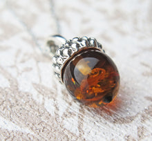 Load image into Gallery viewer, Lucky Sterling Silver Real Genuine Cognac Amber Small Acorn Pendant Necklace