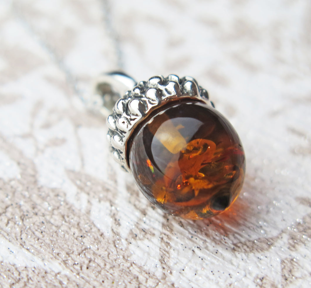 Lucky Sterling Silver Real Genuine Cognac Amber Small Acorn Pendant Necklace