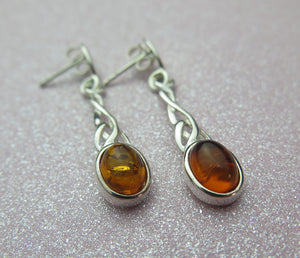 Sterling Silver Genuine Cognac Amber Celtic Triquetra Love Knot Earrings