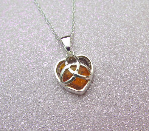 Sterling Silver Genuine Cognac Amber Celtic Triquetra Love Knot Heart Pendant