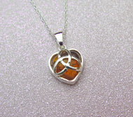 Sterling Silver Genuine Cognac Amber Celtic Triquetra Love Knot Heart Pendant