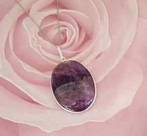 Large Oval Amethyst Healing Sterling Silver Pendant Necklace