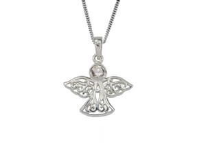 Sterling Silver Celtic Lucky April Angel Birthstone Pendant Necklace
