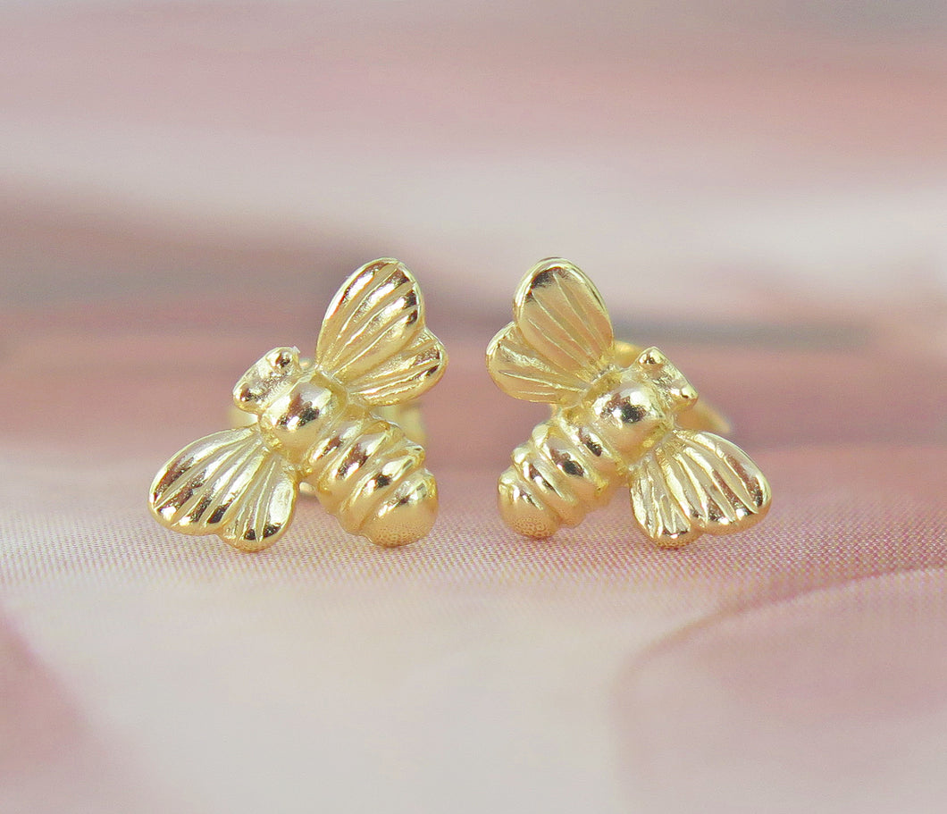 Solid 925 Sterling Silver 24k Gold Plated Bumble Bee Stud Earrings