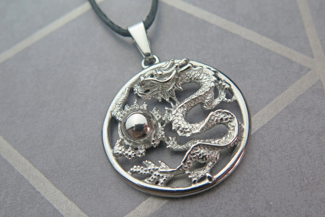 Lucky Chinese Dragon Silver Adjustable Pendant Necklace