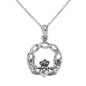 Celtic Claddagh Solid 925 Sterling Silver Pendant Necklace