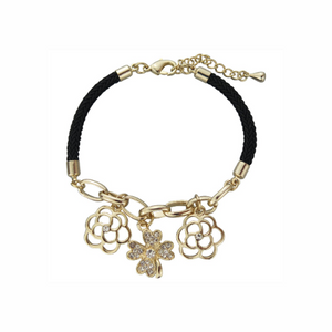 Lucky Crystal Four Leaf Clover Gold Plated Black Bracelet