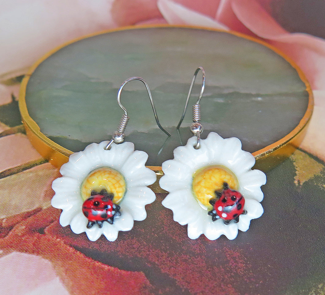 Ladybird Daisy Flower Porcelain Earrings