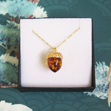 Load image into Gallery viewer, Sterling Silver Gold Plated Real Genuine Cognac Amber Lucky Acorn Pendant Necklace