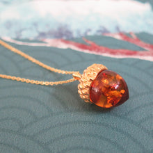 Load image into Gallery viewer, Sterling Silver Gold Plated Real Genuine Cognac Amber Lucky Acorn Pendant Necklace