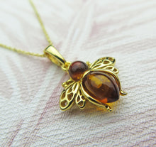 Load image into Gallery viewer, Solid 925 Sterling Silver Gold Plated Real Genuine Cognac Amber Lucky Bee Pendant Necklace