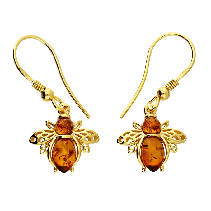 Solid 925 Sterling Silver Gold Plated Real Amber Bumble Bee Earrings