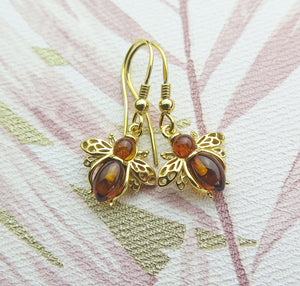 Solid 925 Sterling Silver Gold Plated Real Amber Bumble Bee Earrings