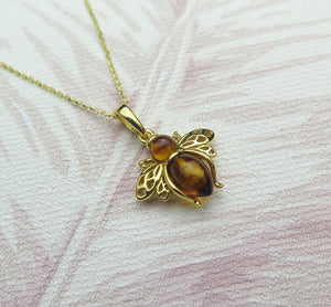 Solid 925 Sterling Silver Gold Plated Real Genuine Cognac Amber Lucky Bee Pendant Necklace
