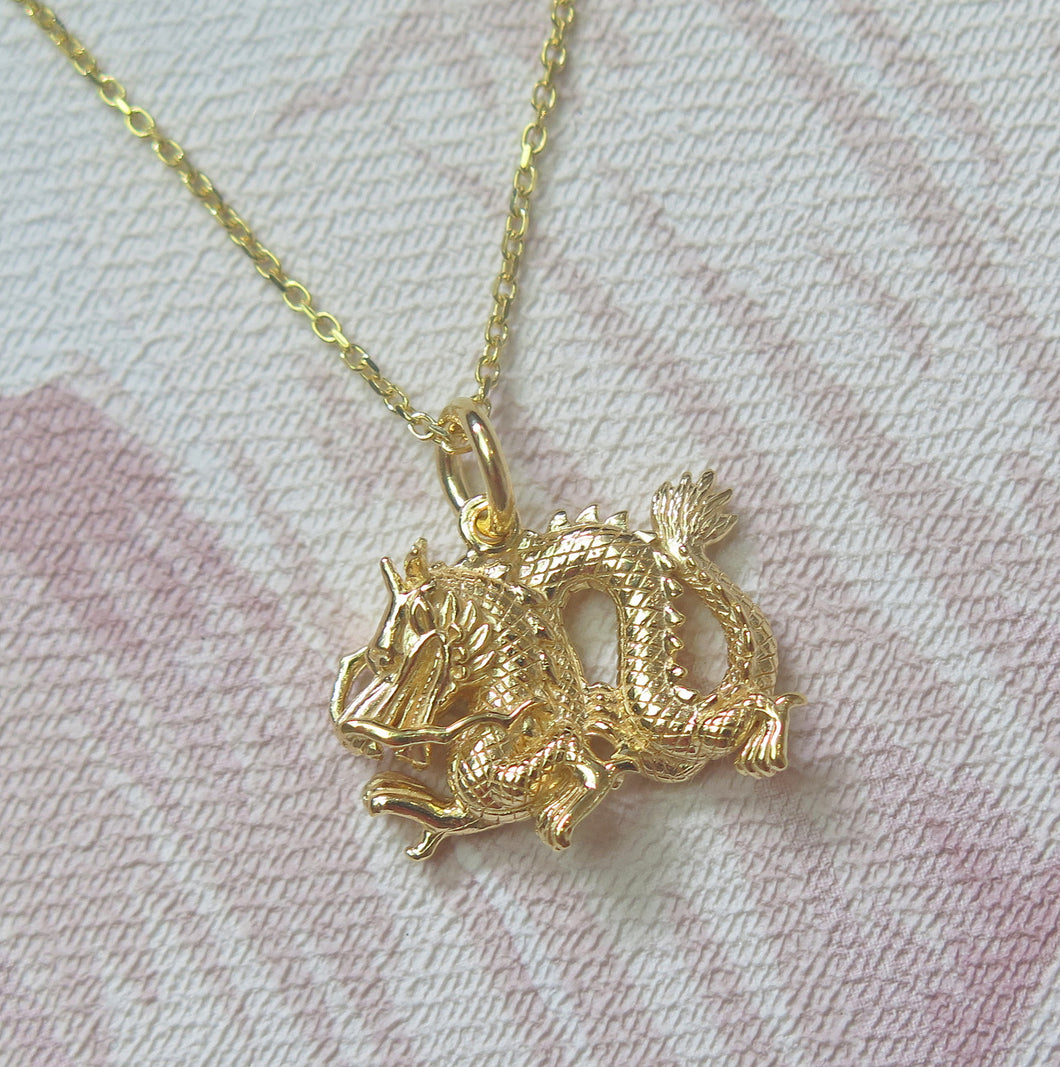 Sterling Silver Gold Plated Chinese Zodiac Year of the Dragon Pendant Necklace