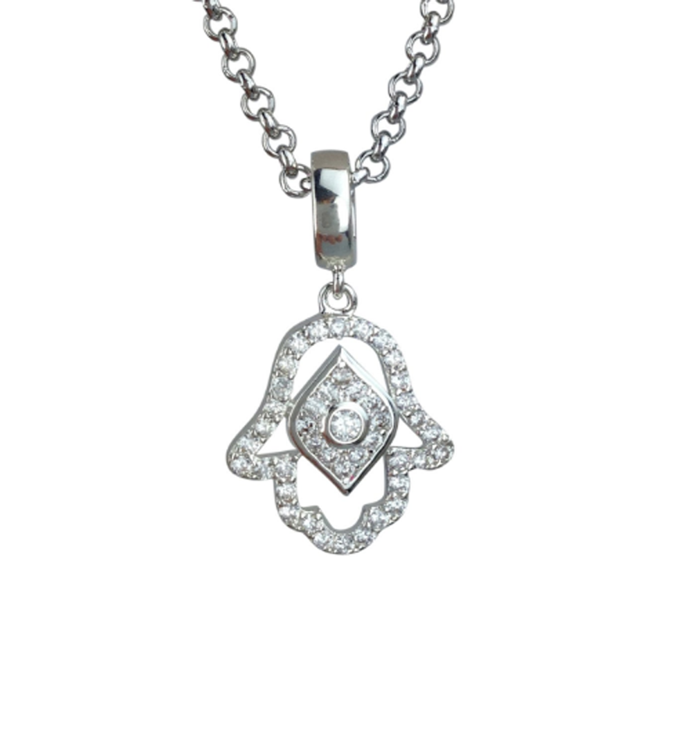 Silver Plated Crystal Evil Eye Hamsa Hand of God Pendant Necklace