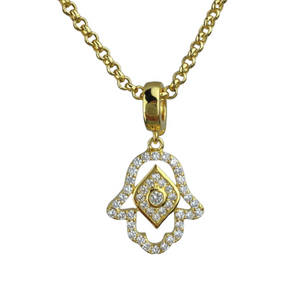 Gold Plated Crystal Evil Eye Hamsa Hand of God Pendant Necklace