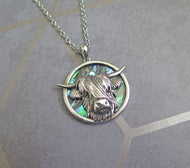 Lucky Paua Shell Scottish Highland Cow Pendant Necklace