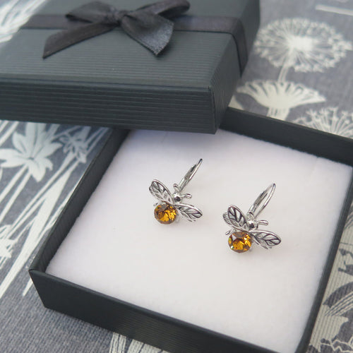 Sterling Silver Bumble Bee Crystal Earrings