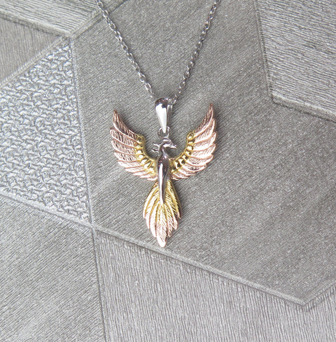 Sterling Silver, Gold and Rose Gold Tricoloured Phoenix Pendant Necklace