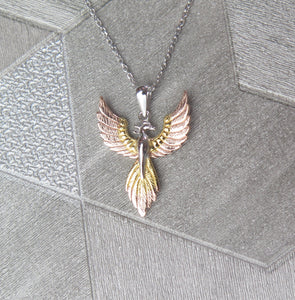 Sterling Silver, Gold and Rose Gold Tricoloured Phoenix Pendant Necklace